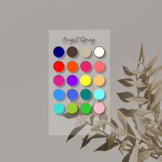 Detailed swatches on Clear Colour/color Sub-Season Card for seasonal color analysis which helps you identify flattering colors for your personal palette. a must-have tool for accurate personal color analysis and capsule wardrobe planning. Clear Colour/Color Sub-Season Card in a purse or on a shopping trip — portable color analysis guide to confidently choose the best shades while shopping.  This one is Bright/Clear Spring
