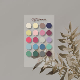 Detailed swatches on Clear Colour/color Sub-Season Card for seasonal color analysis which helps you identify flattering colors for your personal palette. a must-have tool for accurate personal color analysis and capsule wardrobe planning. Clear Colour/Color Sub-Season Card in a purse or on a shopping trip — portable color analysis guide to confidently choose the best shades while shopping.  This one is Soft/Muted Summer