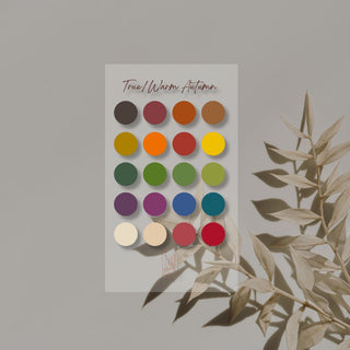 Detailed swatches on Clear Colour/color Sub-Season Card for seasonal color analysis which helps you identify flattering colors for your personal palette. a must-have tool for accurate personal color analysis and capsule wardrobe planning. Clear Colour/Color Sub-Season Card in a purse or on a shopping trip — portable color analysis guide to confidently choose the best shades while shopping.  This one is True/Warm Autumn.