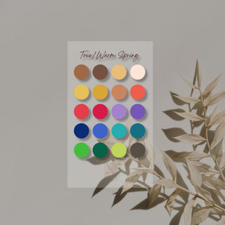 Detailed swatches on Clear Colour/color Sub-Season Card for seasonal color analysis which helps you identify flattering colors for your personal palette. a must-have tool for accurate personal color analysis and capsule wardrobe planning. Clear Colour/Color Sub-Season Card in a purse or on a shopping trip — portable color analysis guide to confidently choose the best shades while shopping.  This one is True/Warm Spring