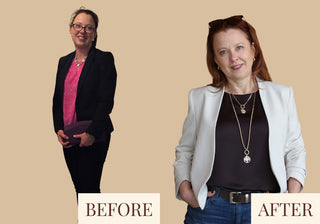 A before and after image sequence showing the style transformation for a client starting her own business