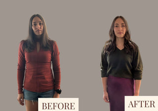 Before and after transformation images of a client who is a new mom and learning to dress her new body