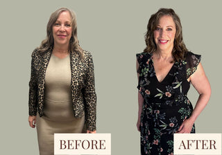 Before and after comparison of a woman's outfit change after retiring on a plain background