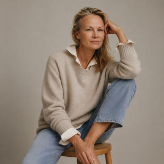 A middle age woman sitting on a stool wearing a beige sweater and blue jeans against a plain background. Getting her body type analysis done by Mylene Amelie Styling Services