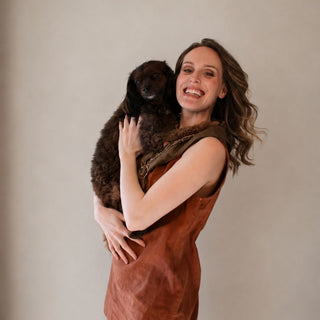 About page graphic introducing personal stylist Mylène Amelie holding her dog Chester, highlighting her Soft Autumn colouring, Flamboyant Gamine body type, and Classic, Ingenue, Natural, and Ethereal style essences as part of her personal styling philosophy.