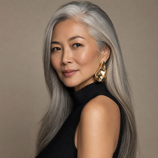 Woman with long gray hair wearing a black sleeveless top against a beige background