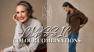 Two women wearing sweaters with 'Classic Colour Combinations' text and a logo.