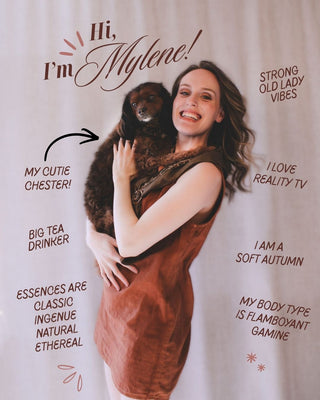 About page graphic introducing personal stylist Mylène Amelie holding her dog Chester, highlighting her Soft Autumn colouring, Flamboyant Gamine body type, and Classic, Ingenue, Natural, and Ethereal style essences as part of her personal styling philosophy.